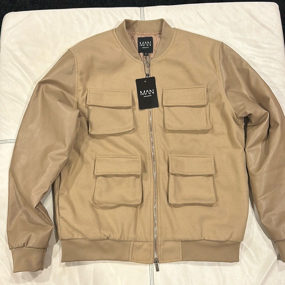 Boohoo MAN - Melton Utility Bomber size L - nude/stone, faux leather & fleece